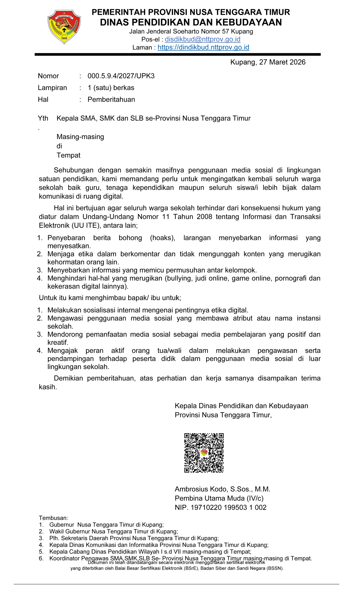 SURAT PEMBERITAHUAN KEPALA SMA SMK DAN SLB TERKAIT PENGGUNAAN MEDIA SOSIAL DI LINGKUNGAN SATUAN PENDIDIKAN